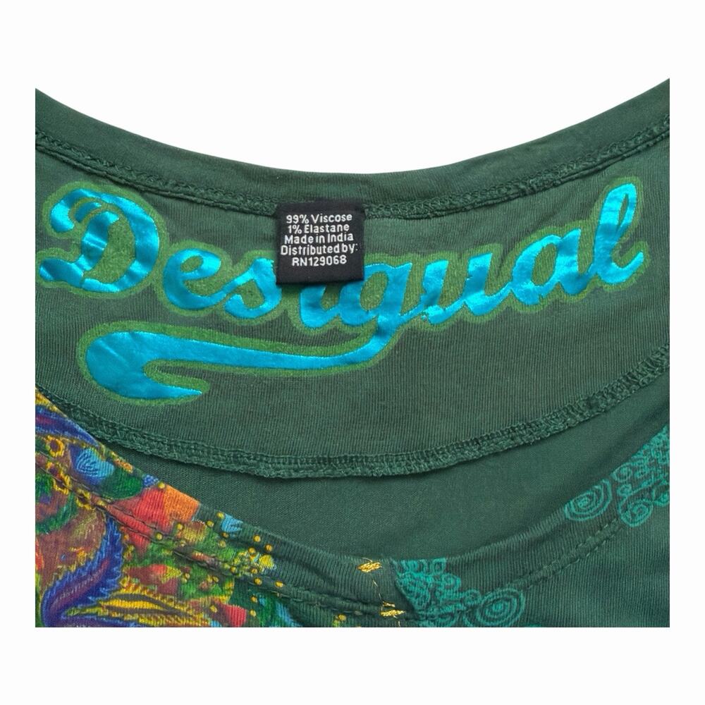 Desigual Mandala Top Womens Lg Green Floral Dolman Sleeve Scoop Neck Boho Artsy - Picture 3 of 11